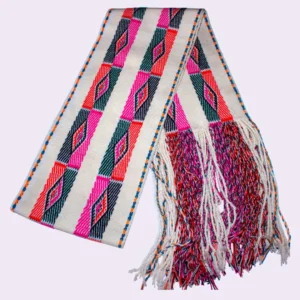 Alpaca shawl in red, black and white with Q’ero decorations