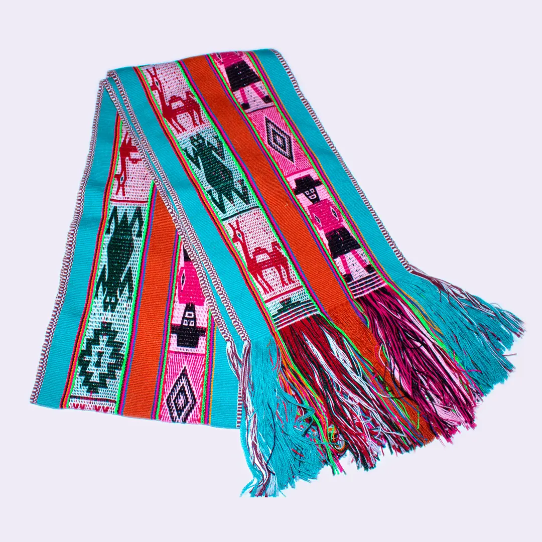 Alpaca shawl in Light Blue and red with Q’ero decorations